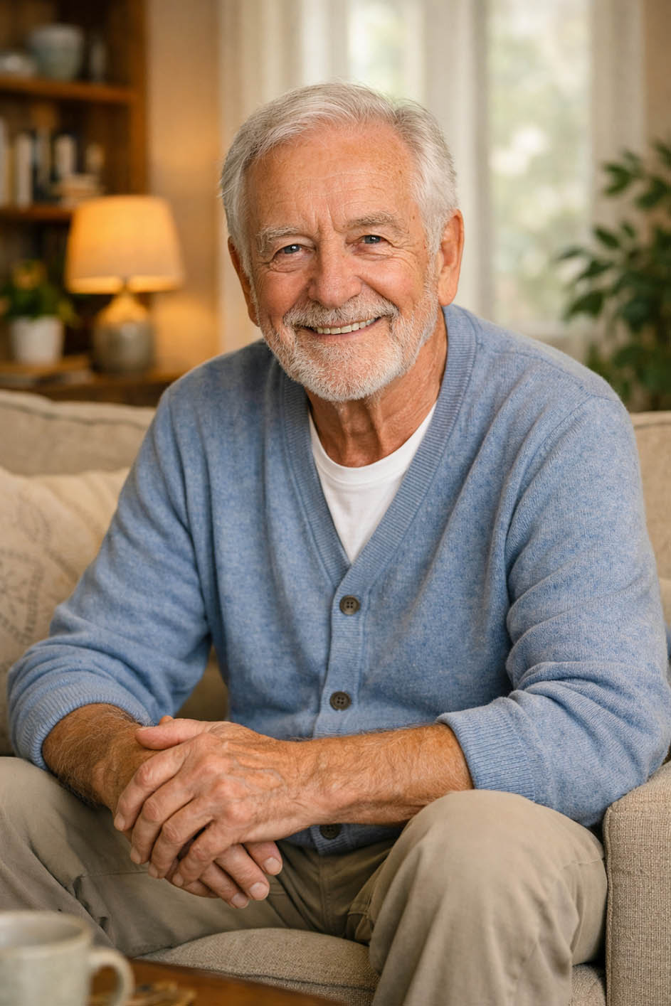 Elderly man sitting on sofa