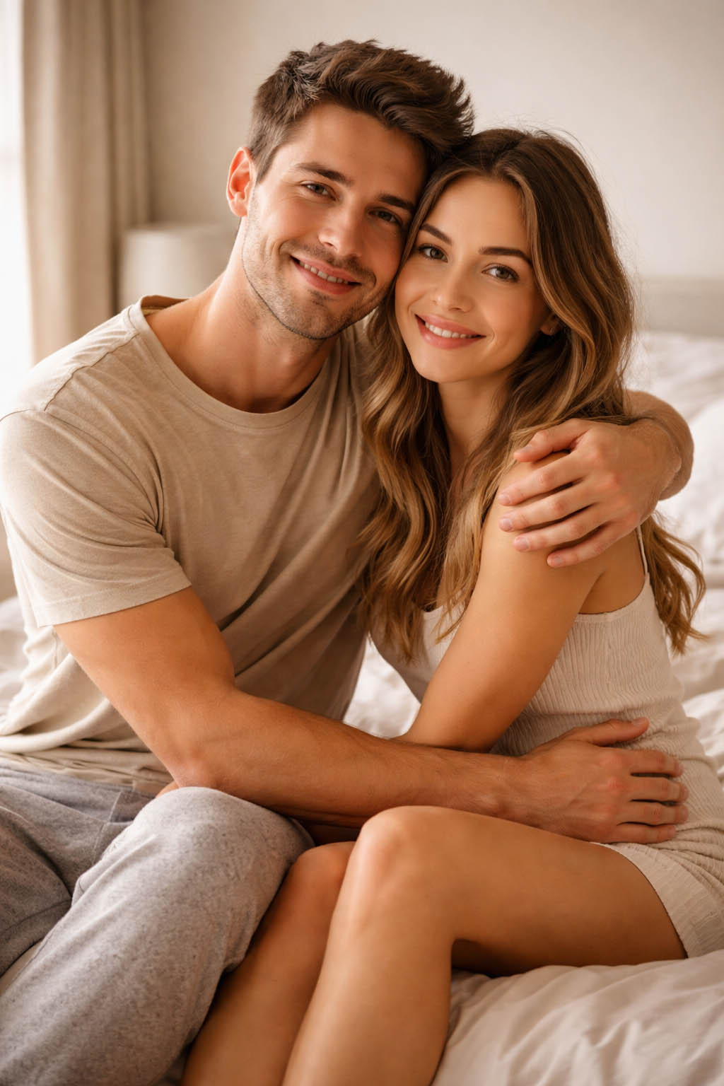 Happy couple hugging on the bed