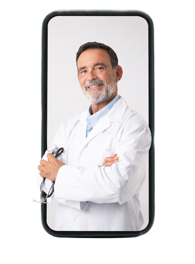 Senior man doctor in uniform on phone screen